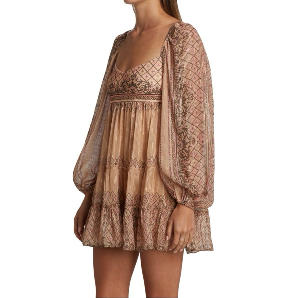 HEMANT & NANDITA Noor Tiered Mini Dress Boho Print Balloon Sleeve, Size S - Picture 4 of 11